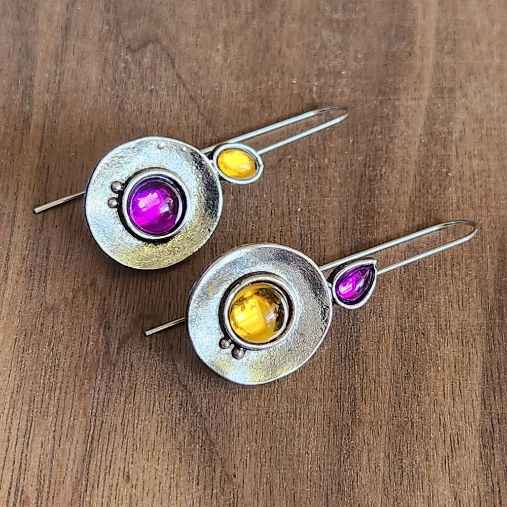 Mismatched Purple Amber Silver Tone Hammered Disc Drop‎ Earrings Kidney Wire 2"